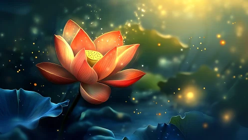 Luminous lotus bloom amid glowing dusk particles.
