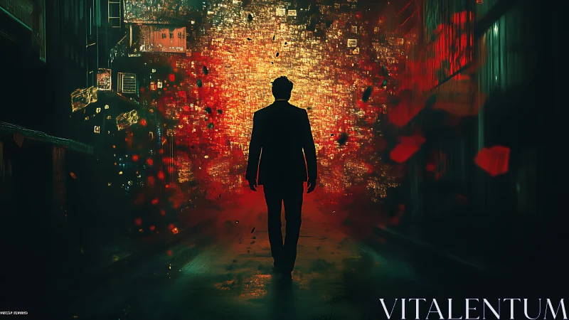 Silhouetted man crossing into glowing digital cityscape.