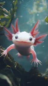 Axolotl portrait renders translucent gills in aquatic close-up