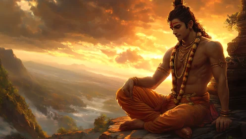 Divine warrior meditates in molten sunset mountain light.