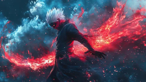 White haired warrior controls red energy in dark storm