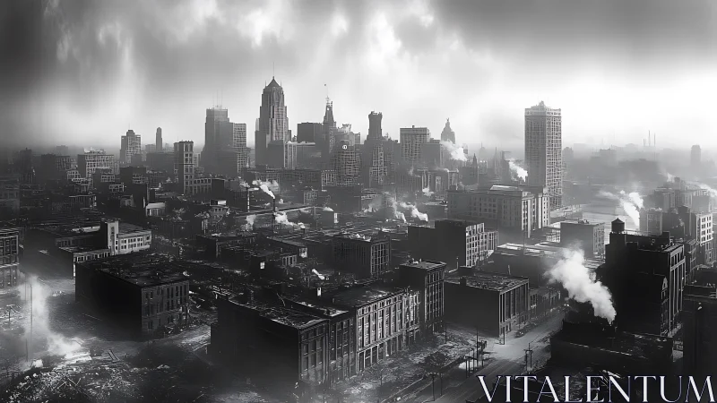 Brooding industrial cityscape rises through mist and smoke