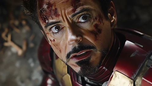 Battle-worn armored hero gazes upward with fierce resolve