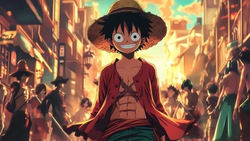 Straw-hatted adventurer in glowing anime city streets.