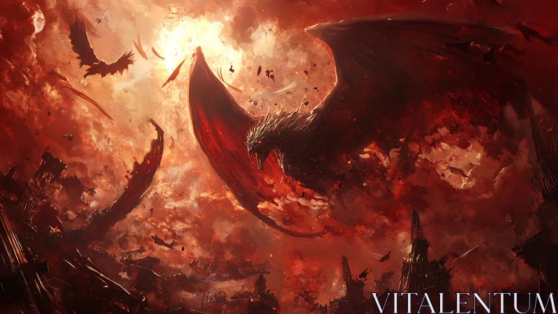 Apocalyptic dragon silhouette engulfs a burning crimson sky