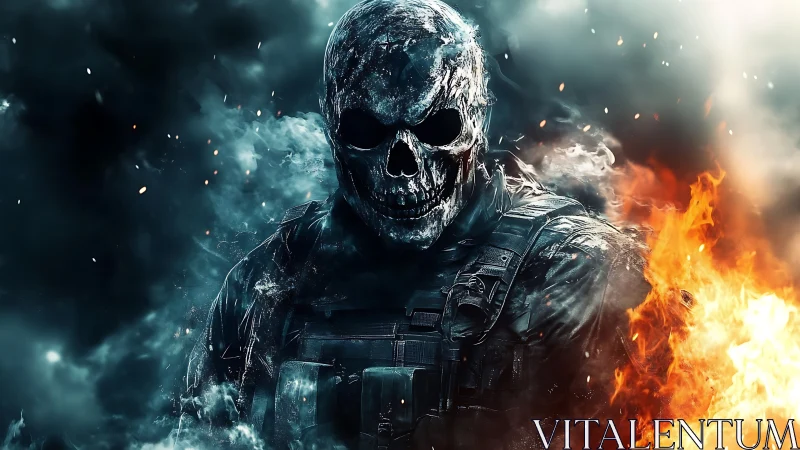 Flaming skull soldier in tactical armor amid firestorm.