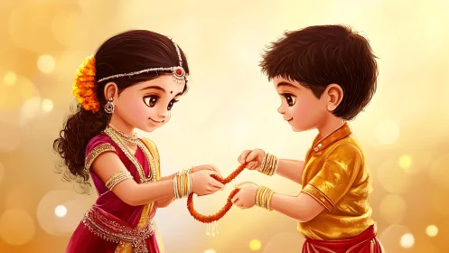 Children in Traditional Indian Attire Exchanging Rakhi.