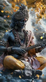 Photorealistic divine musician in embellished meditative pose.