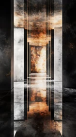 Abstract metallic hallway with glowing reflective floor.