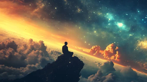 Stargazing silhouette balances on dawn’s cloud-swept edge