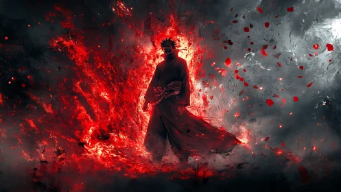 Silhouetted cloaked figure amid red energy burst field.