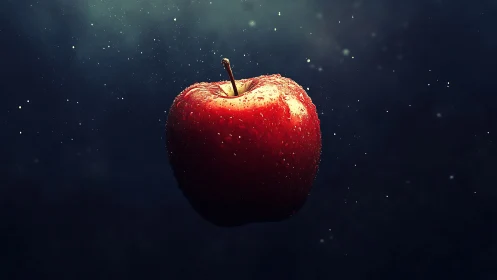 Red apple suspended against dark, softly lit background.