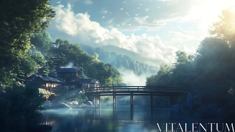 Morning mist over riverside bridge and quiet forest village.