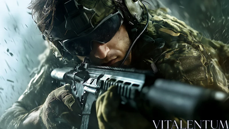 Focused modern soldier in storm of motion and steel.