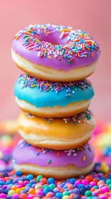 Stacked frosted donuts form a vibrant confectionery color study