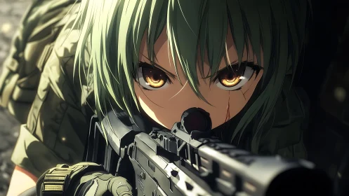 Green haired anime sniper aiming rifle with fierce stare.