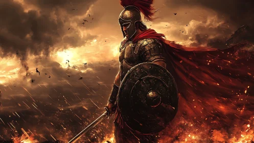 Armored gladiator advances through blazing, storm-lit battlefield