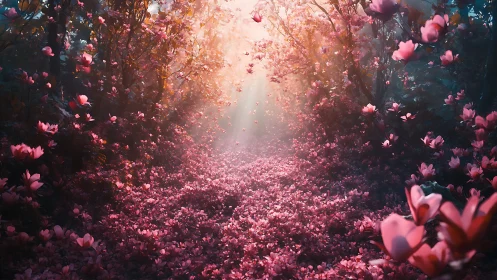 Pink Flower Path Glowing with Ethereal Light.