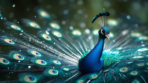 Radiant peacock unfurls luminous tail in sparkling light.