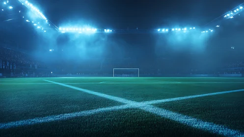 Night stadium pitch under floodlights with cinematic depth.