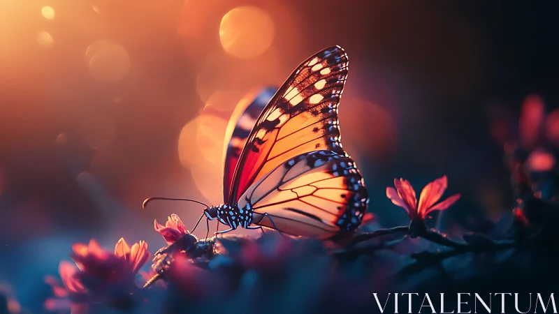 Butterfly on small flowers under warm defocused lighting.