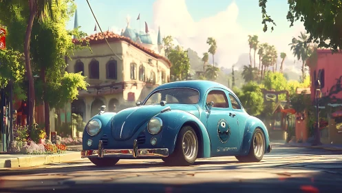 Retro blue coupe cruising sunlit tropical boulevard.