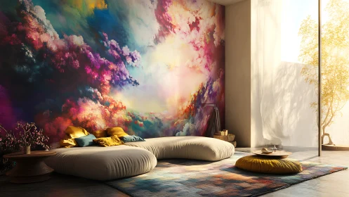 Colorful cloud mural dominates bright modern lounge space