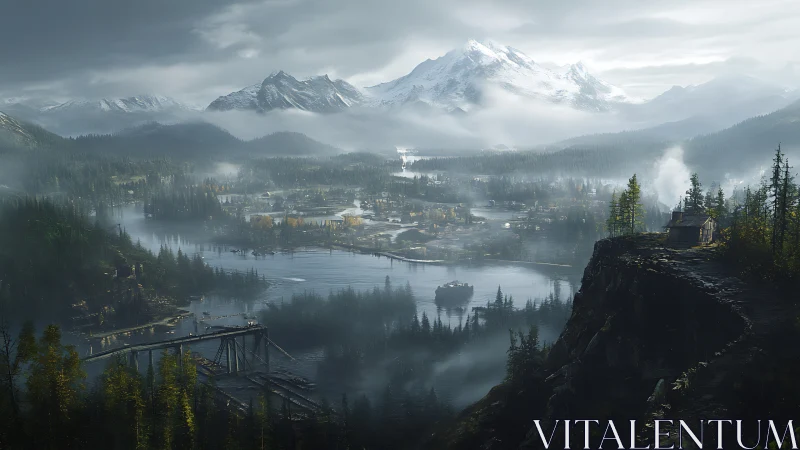 Fog-layered alpine valley with lakes, timber town and rail viaduct