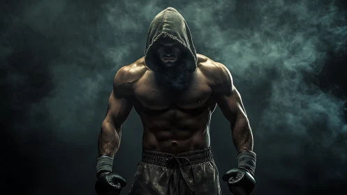 Athletic male figure in dramatic hooded stance with volumetric atmospheric lighting.