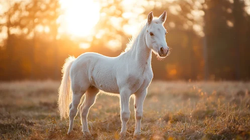 Sunlit white foal pausing in a golden autumn meadow.