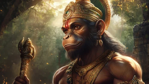 Divine monkey warrior with golden crown in jungle setting.