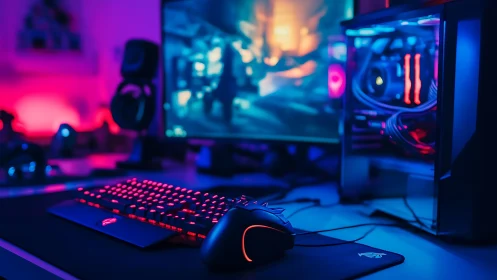 Neon-lit gaming battlestation glowing in electric night hues.