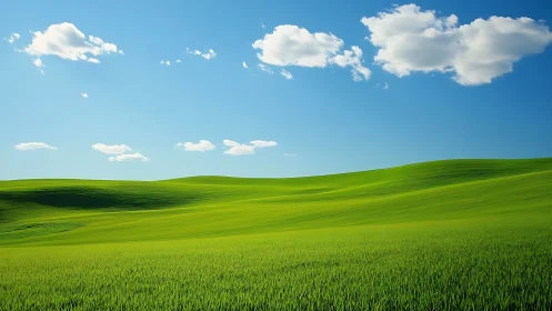 Grassy rolling hills under sparse cumulus clouds at midday.