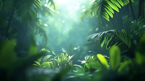 Enchanted Forest Canopy With Glowing Sunlit Palms.
