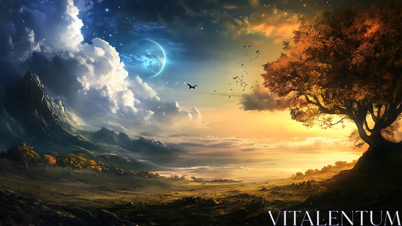 Twilight sky stitches moonlit storms to a burning autumn tree