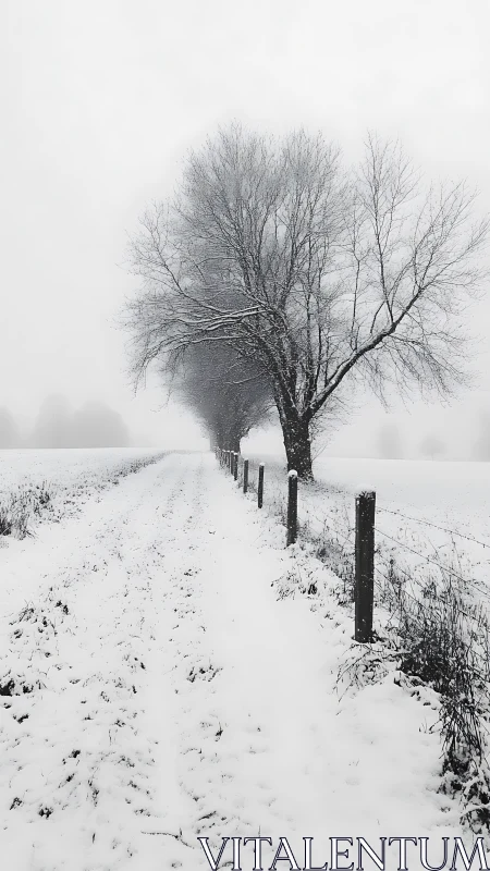 Minimalist winter lane with receding trees in soft monochrome.