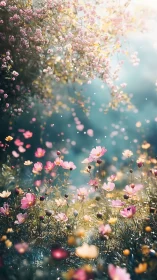 Flowers Drift Through Golden Light in Ethereal Garden Dream