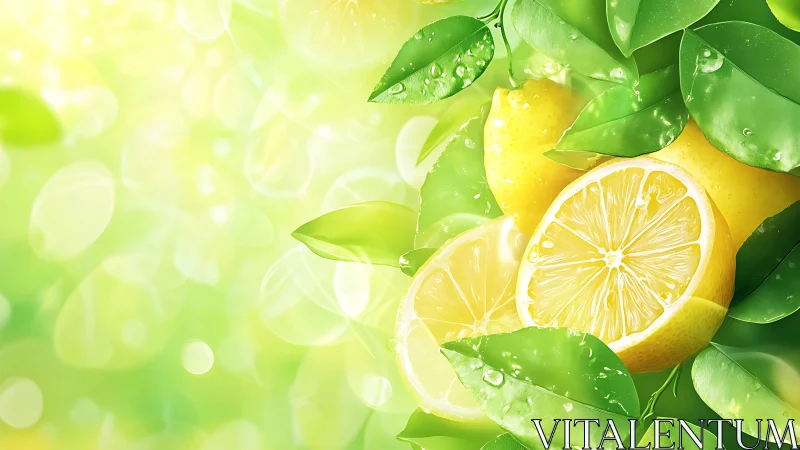 Citrus cross-sections with dewy foliage in luminous bokeh field.