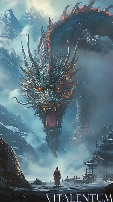 Colossal ice dragon confronting lone monk in misty peaks.