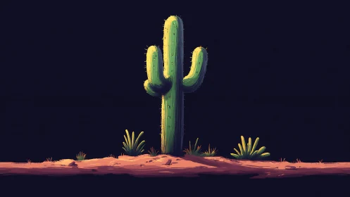 Digital painting of solitary cactus on minimal desert plain.