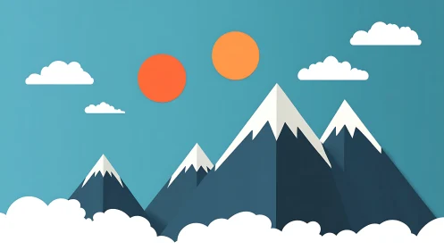 Minimalist mountain range with twin suns and clouds.