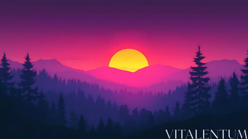Neon sunset glows over layered pine forest and peaks.