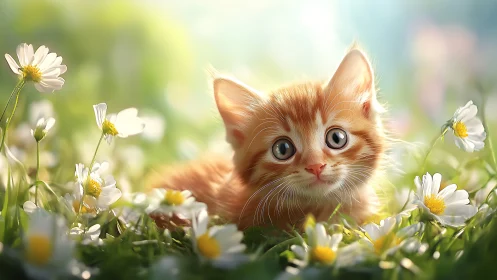 Orange kitten surrounded by white daisies in sunlit meadow.