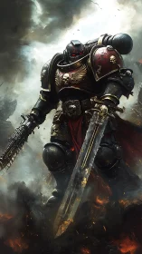 Armored supersoldier in gothic power armor strides through burning ruins