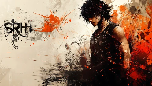 Solitary anime figure dissolves into dynamic ink splatter field