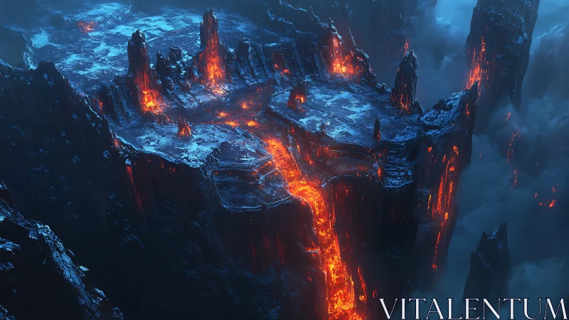 Volcanic plateau with central lava flow in misty chasm.