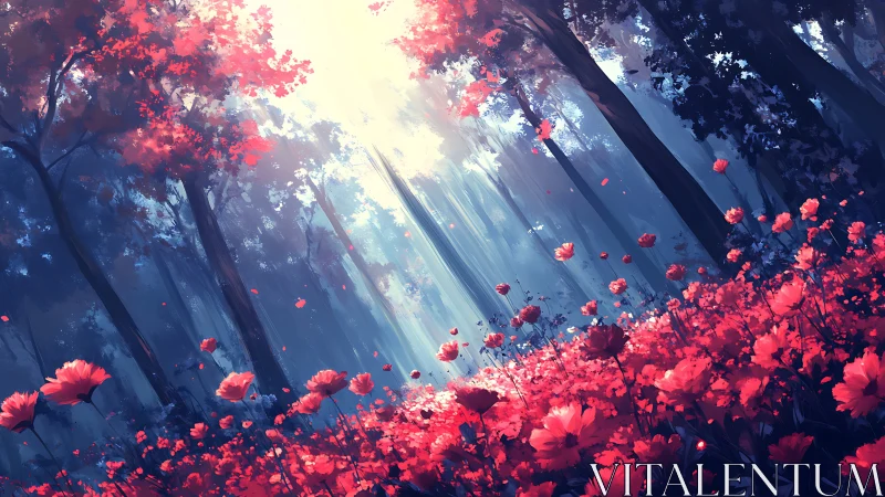 Luminous Forest Glade with Crimson Blooms and Diffused Ethereal Radiance