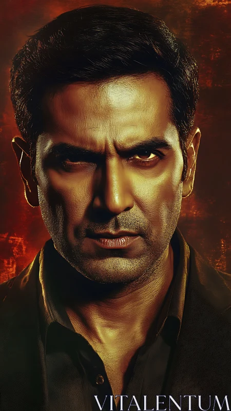 Intense male portrait against textured fiery backdrop.