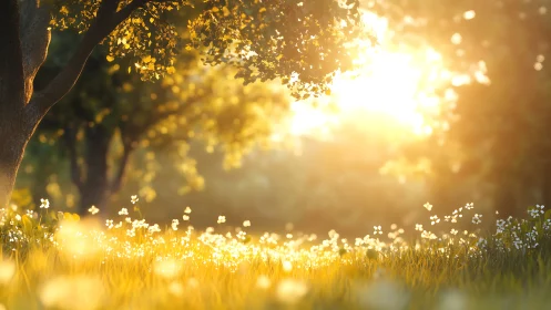 Golden morning meadow where sunlight lingers softly.