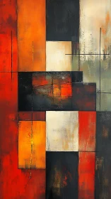 Geometric color blocks create bold, fiery abstract balance